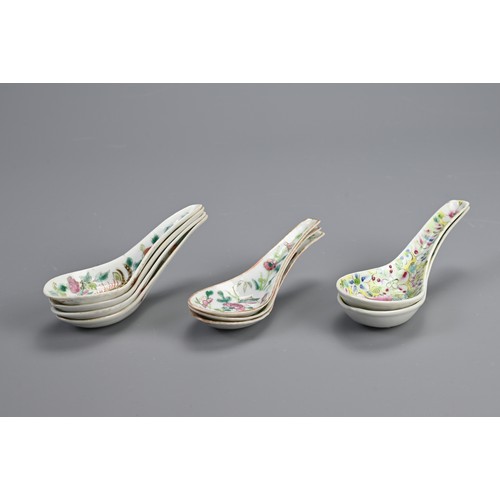 37 - A GROUP OF STRAITS CHINESE NYONYA FAMILLE ROSE PORCELAIN SPOONS, 19/20TH CENTURY. To include a pair ... 