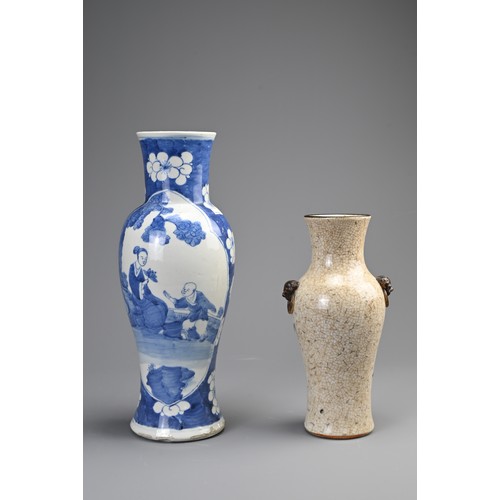 108 - TWO CHINESE PORCELAIN BALUSTER VASES, 19/20TH CENTURY. A blue and white vase decorated with lady and... 