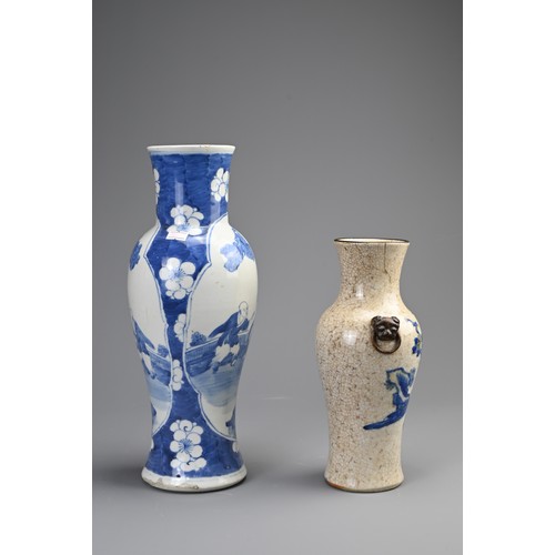 108 - TWO CHINESE PORCELAIN BALUSTER VASES, 19/20TH CENTURY. A blue and white vase decorated with lady and... 