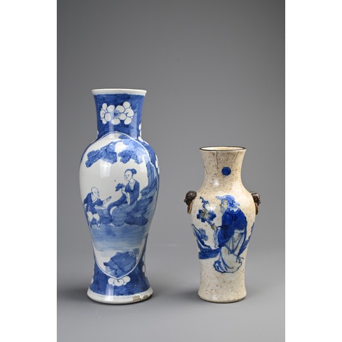 108 - TWO CHINESE PORCELAIN BALUSTER VASES, 19/20TH CENTURY. A blue and white vase decorated with lady and... 