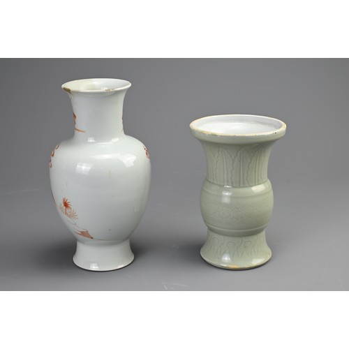 99 - TWO CHINESE PORCELAIN VASES, 18/19TH CENTURY. To include a gu form celadon glazed vase, decorated wi... 