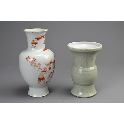 99 - TWO CHINESE PORCELAIN VASES, 18/19TH CENTURY. To include a gu form celadon glazed vase, decorated wi... 