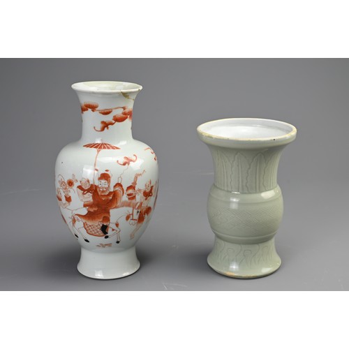 99 - TWO CHINESE PORCELAIN VASES, 18/19TH CENTURY. To include a gu form celadon glazed vase, decorated wi... 