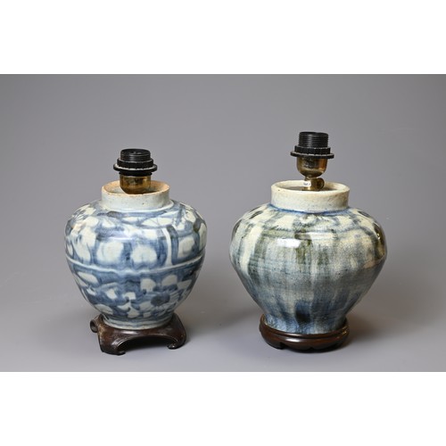 163 - TWO CHINESE PORCELAIN MING DYNASTY BLUE AND WHITE OVIFORM VASES ADAPTED AS LAMPS. Each painted with ... 