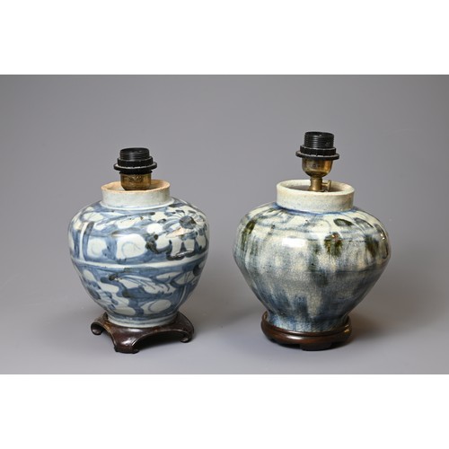 163 - TWO CHINESE PORCELAIN MING DYNASTY BLUE AND WHITE OVIFORM VASES ADAPTED AS LAMPS. Each painted with ... 