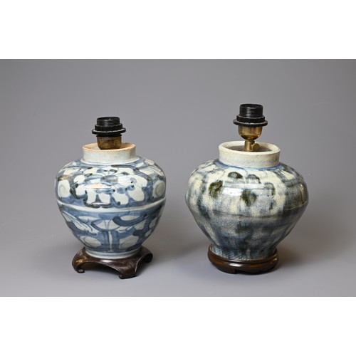 163 - TWO CHINESE PORCELAIN MING DYNASTY BLUE AND WHITE OVIFORM VASES ADAPTED AS LAMPS. Each painted with ... 