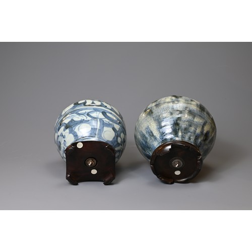 163 - TWO CHINESE PORCELAIN MING DYNASTY BLUE AND WHITE OVIFORM VASES ADAPTED AS LAMPS. Each painted with ... 