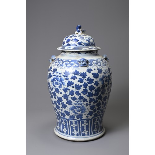 158 - A 19TH CENTURY CHINESE PORCELAIN BLUE AND WHITE BALUSTER VASE AND DOMED COVER. Decorated with flower... 