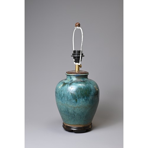 159 - A CHINESE OVIFORM FLAMBE VASE ADAPTED AS A LAMP ON WOODEN BASE. Glazed in mottled blue/green, on woo... 