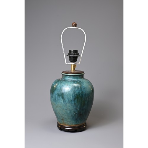 159 - A CHINESE OVIFORM FLAMBE VASE ADAPTED AS A LAMP ON WOODEN BASE. Glazed in mottled blue/green, on woo... 