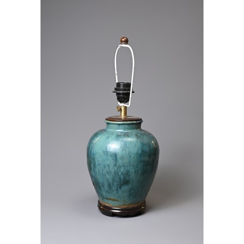 159 - A CHINESE OVIFORM FLAMBE VASE ADAPTED AS A LAMP ON WOODEN BASE. Glazed in mottled blue/green, on woo... 