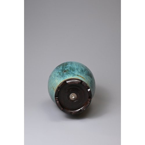 159 - A CHINESE OVIFORM FLAMBE VASE ADAPTED AS A LAMP ON WOODEN BASE. Glazed in mottled blue/green, on woo... 