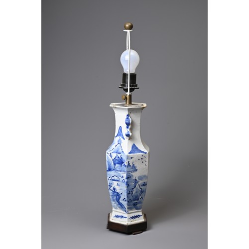 153 - A 19TH CENTURY CHINESE PORCELAIN BLUE AND WHITE HEXAGONAL BALUSTER VASE ADAPTED AS A LAMP. With lion... 