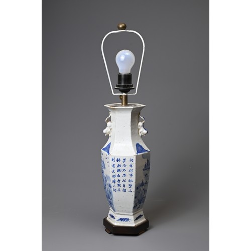 153 - A 19TH CENTURY CHINESE PORCELAIN BLUE AND WHITE HEXAGONAL BALUSTER VASE ADAPTED AS A LAMP. With lion... 