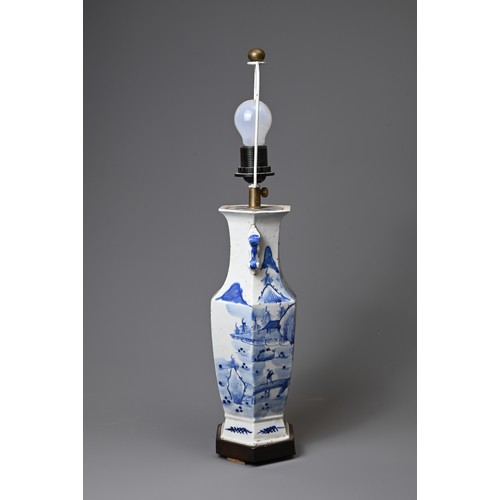 153 - A 19TH CENTURY CHINESE PORCELAIN BLUE AND WHITE HEXAGONAL BALUSTER VASE ADAPTED AS A LAMP. With lion... 