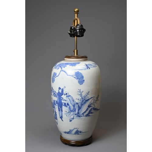 157 - A 20TH CENTURY CHINESE PORCELAIN BLUE AND WHITE OVIFORM VASE ADAPTED AS A LAMP. Painted in the Trans... 