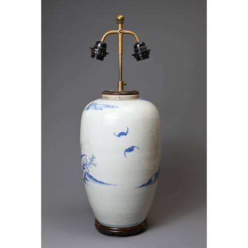 157 - A 20TH CENTURY CHINESE PORCELAIN BLUE AND WHITE OVIFORM VASE ADAPTED AS A LAMP. Painted in the Trans... 