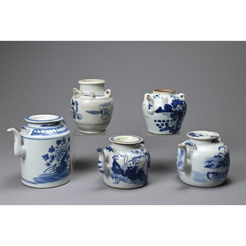 133 - FIVE CHINESE PORCELAIN BLUE AND WHITE TEAPOTS AND THREE COVERS, 19TH CENTURY. Comprising: a tall cyl... 