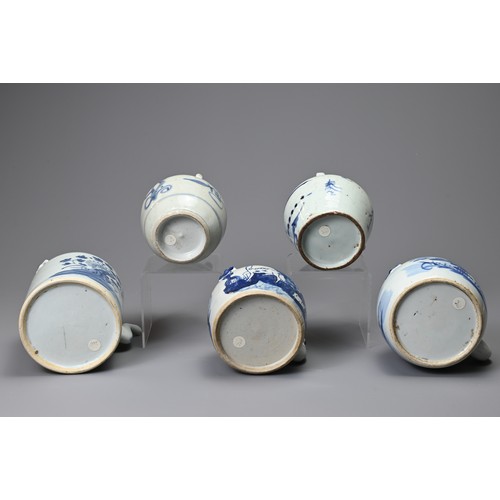 133 - FIVE CHINESE PORCELAIN BLUE AND WHITE TEAPOTS AND THREE COVERS, 19TH CENTURY. Comprising: a tall cyl... 