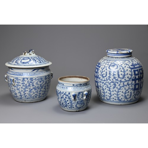 136 - THREE CHINESE PORCELAIN JARS AND TWO COVERS, 19TH CENTURY. Comprising: an oviform ginger jar and a m... 