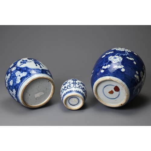 137 - THREE CHINESE PORCELAIN BLUE AND WHITE GINGER JARS, KANGXI (1661-1722) AND LATER. Comprising: a smal... 