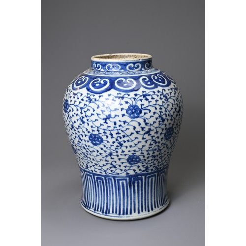 138 - A 19TH CENTURY CHINESE BLUE AND WHITE PORCELAIN BALUSTER VASE. Decorated with sweetpea and scrolling... 