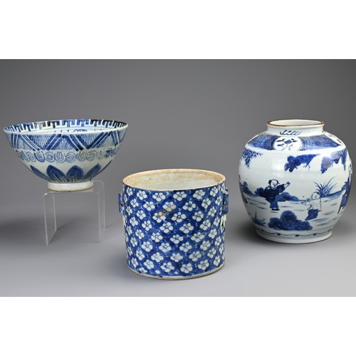 147 - A CHINESE PORCELAIN BLUE AND WHITE OVIFORM JAR IN THE KANGXI-STYLE, A CYLINDRICAL JAR AND A BOWL, 19... 