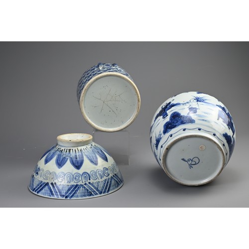 147 - A CHINESE PORCELAIN BLUE AND WHITE OVIFORM JAR IN THE KANGXI-STYLE, A CYLINDRICAL JAR AND A BOWL, 19... 