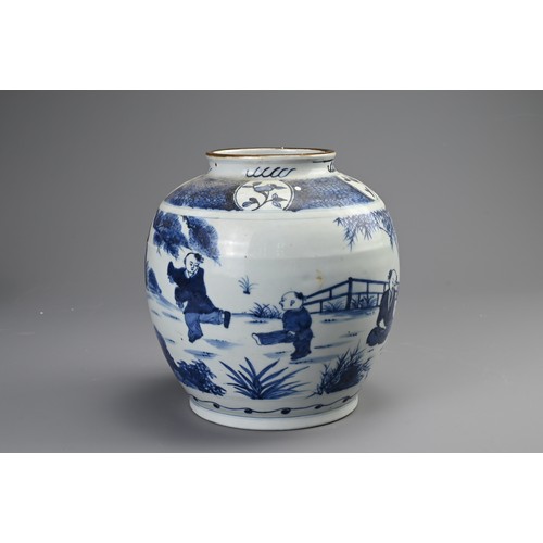 147 - A CHINESE PORCELAIN BLUE AND WHITE OVIFORM JAR IN THE KANGXI-STYLE, A CYLINDRICAL JAR AND A BOWL, 19... 