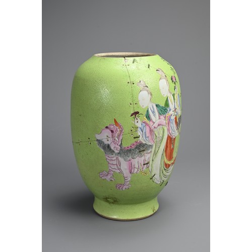 102 - A CHINESE FAMILLE ROSE LIME GREEN GROUND SGRAFFITO VASE, 19TH CENTURY. Lantern form decorated with l... 