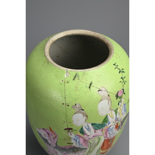 102 - A CHINESE FAMILLE ROSE LIME GREEN GROUND SGRAFFITO VASE, 19TH CENTURY. Lantern form decorated with l... 