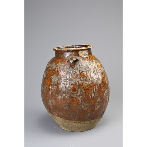 192 - AN EAST ASIAN BROWN GLAZED STORAGE JAR, 19/20TH CENTURY. Of ovoid form with lug handles decorated wi... 