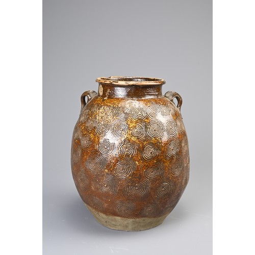 192 - AN EAST ASIAN BROWN GLAZED STORAGE JAR, 19/20TH CENTURY. Of ovoid form with lug handles decorated wi... 