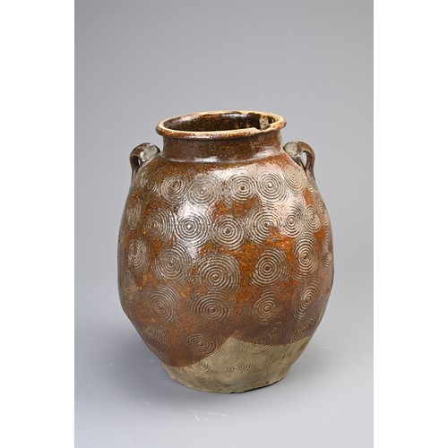 192 - AN EAST ASIAN BROWN GLAZED STORAGE JAR, 19/20TH CENTURY. Of ovoid form with lug handles decorated wi... 