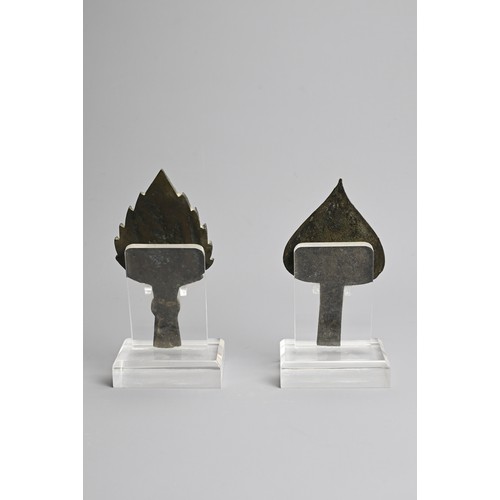 213 - TWO SOUTH EAST ASIAN LEAF-CAST CANDLE HOLDERS/POPILS, PROBABLY CAMBODIAN. The first in bronze, cast ... 