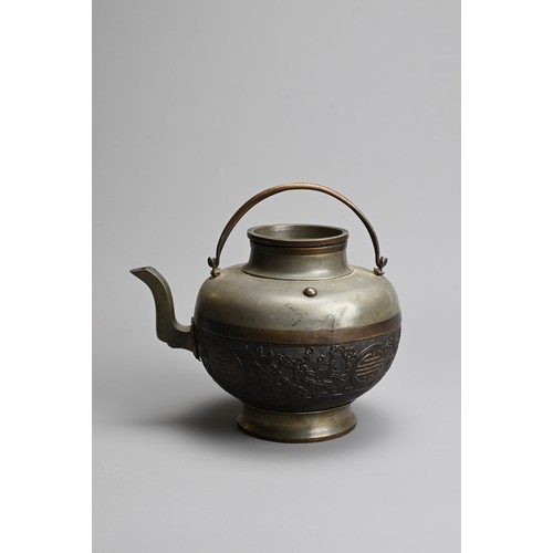 217 - A 19TH CENTURY CHINESE PEWTER-MOUNTED CARVED COCONUT TEAPOT, COVER AND LINER. Carved in low relief w... 