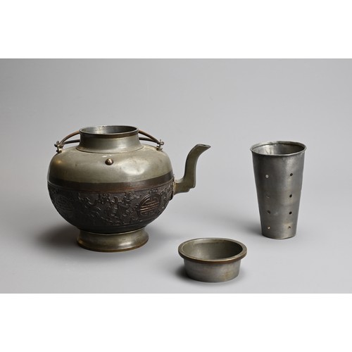 217 - A 19TH CENTURY CHINESE PEWTER-MOUNTED CARVED COCONUT TEAPOT, COVER AND LINER. Carved in low relief w... 