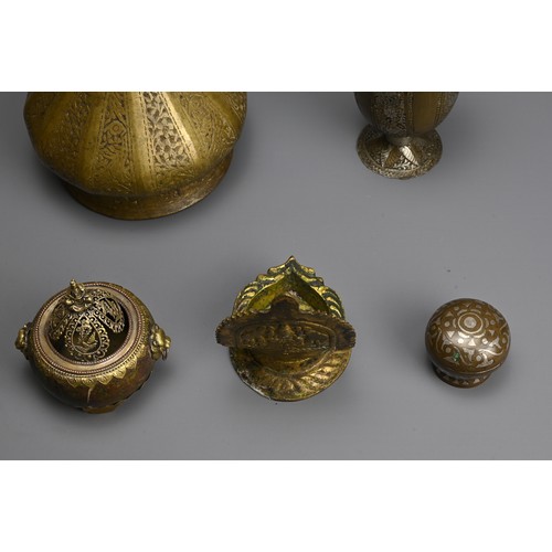 223 - A GROUP OF MIXED METAL ITEMS, INDIAN AND SOUTH EAST ASIAN. Comprising a bronze hookah base; An oil l... 