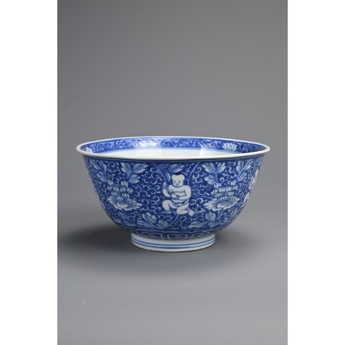 81 - A CHINESE BLUE AND WHITE PORCELAIN BOYS BOWL, 18TH CENTURY. Rounded body with gently everted rim dec... 