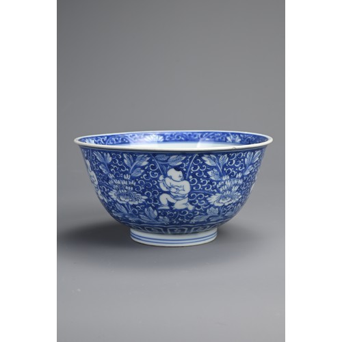 81 - A CHINESE BLUE AND WHITE PORCELAIN BOYS BOWL, 18TH CENTURY. Rounded body with gently everted rim dec... 