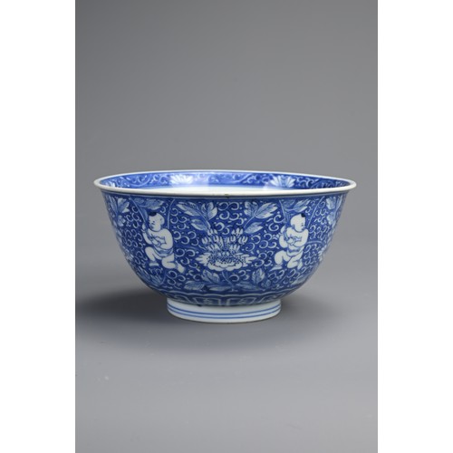 81 - A CHINESE BLUE AND WHITE PORCELAIN BOYS BOWL, 18TH CENTURY. Rounded body with gently everted rim dec... 