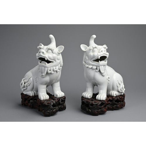 84 - A PAIR OF CHINESE BLANC DE CHINE PORCELAIN MODELS OF QILIN, 19/20TH CENTURY. A mirrored pair seated ... 