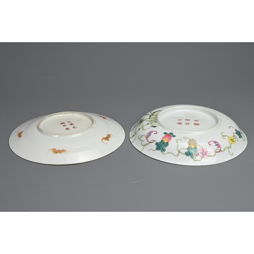 101 - TWO CHINESE FAMILLE ROSE PORCELAIN DISHES, 20TH CENTURY. To include a Balsam pear decorated dish fea... 