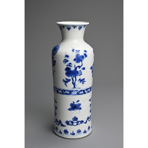 89 - A CHINESE BLUE AND WHITE PORCELAIN VASE, EARLY 18TH CENTURY. Cylindrical body on gently everted foot... 