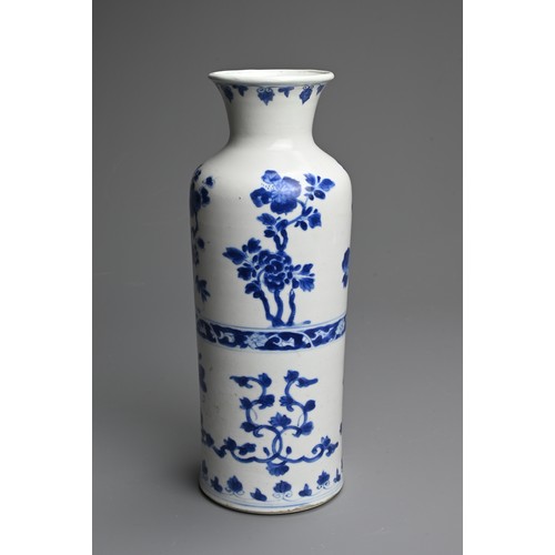 89 - A CHINESE BLUE AND WHITE PORCELAIN VASE, EARLY 18TH CENTURY. Cylindrical body on gently everted foot... 