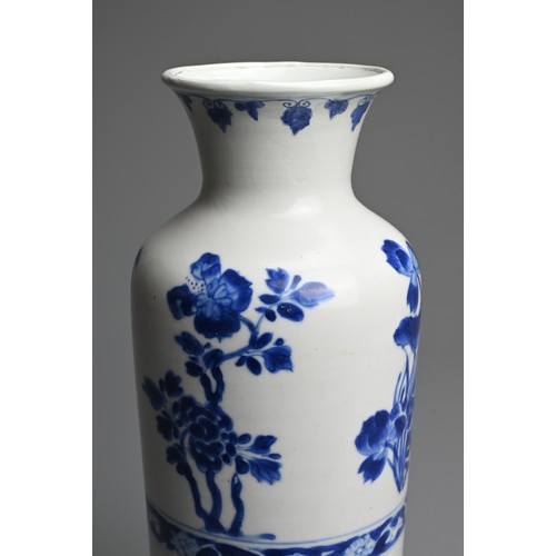 89 - A CHINESE BLUE AND WHITE PORCELAIN VASE, EARLY 18TH CENTURY. Cylindrical body on gently everted foot... 