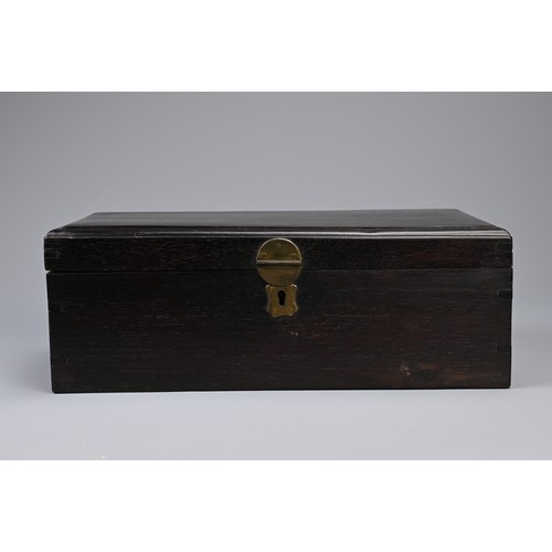 90 - A CHINESE ZITAN COMPARTMENT BOX, QING DYNASTY. Of rectangular form with bronze handles and metal fit... 