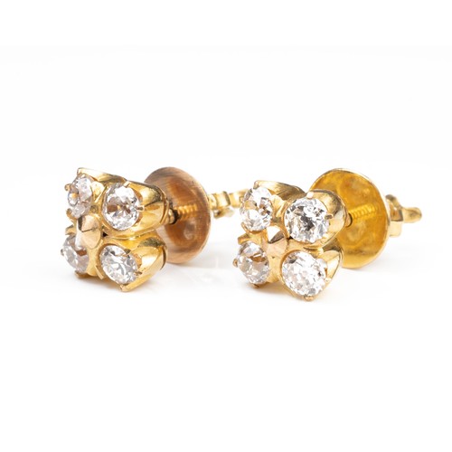 46 - A PAIR OF HIGH CARAT YELLOW GOLD DIAMOND EARRINGS, MID 20TH CENTURY. Each with four round cut diamon... 