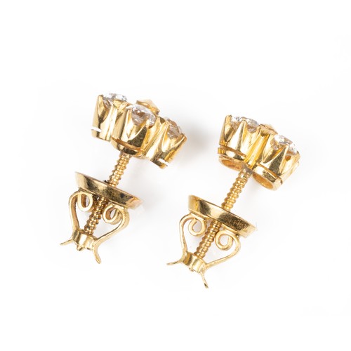 46 - A PAIR OF HIGH CARAT YELLOW GOLD DIAMOND EARRINGS, MID 20TH CENTURY. Each with four round cut diamon... 