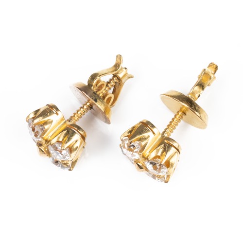 46 - A PAIR OF HIGH CARAT YELLOW GOLD DIAMOND EARRINGS, MID 20TH CENTURY. Each with four round cut diamon... 